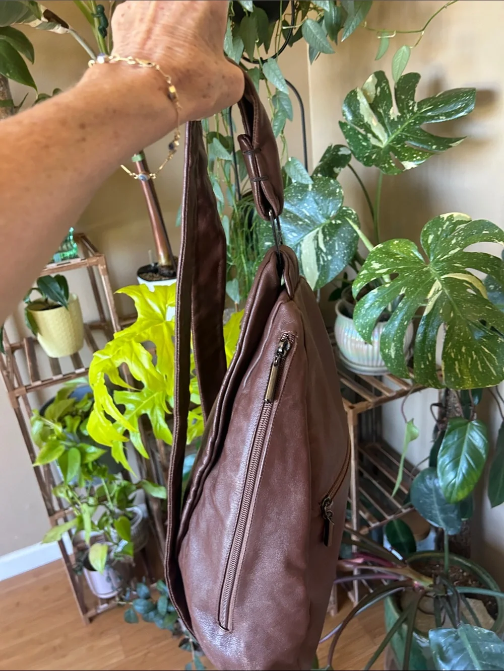 Women's Brown Leather Sling Backpack - Casual Everyday Carry